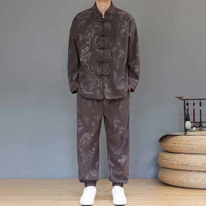 Buddha Stones 2Pcs Fall Winter Men's Tang Suit Dragon Frog-Button Cotton Corduroy Long Sleeve Jacket Pants Set With Pockets - image 4