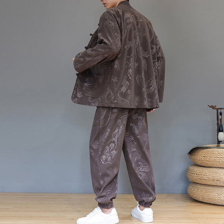 Buddha Stones 2Pcs Fall Winter Men's Tang Suit Dragon Frog-Button Cotton Corduroy Long Sleeve Jacket Pants Set With Pockets - image 3