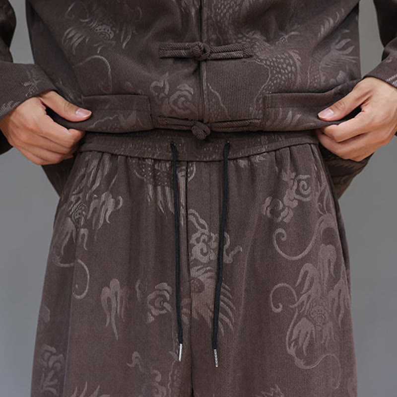 Buddha Stones 2Pcs Fall Winter Men's Tang Suit Dragon Frog-Button Cotton Corduroy Long Sleeve Jacket Pants Set With Pockets - image 10