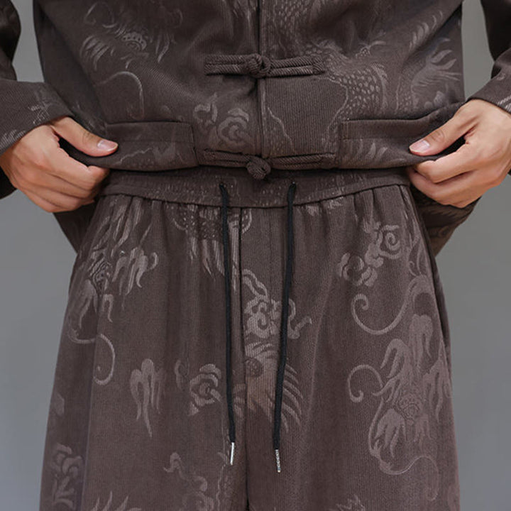 Buddha Stones 2Pcs Fall Winter Men's Tang Suit Dragon Frog-Button Cotton Corduroy Long Sleeve Jacket Pants Set With Pockets - image 10