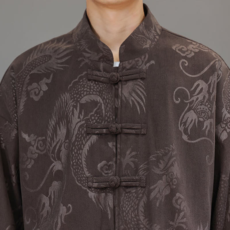 Buddha Stones 2Pcs Fall Winter Men's Tang Suit Dragon Frog-Button Cotton Corduroy Long Sleeve Jacket Pants Set With Pockets - image 9