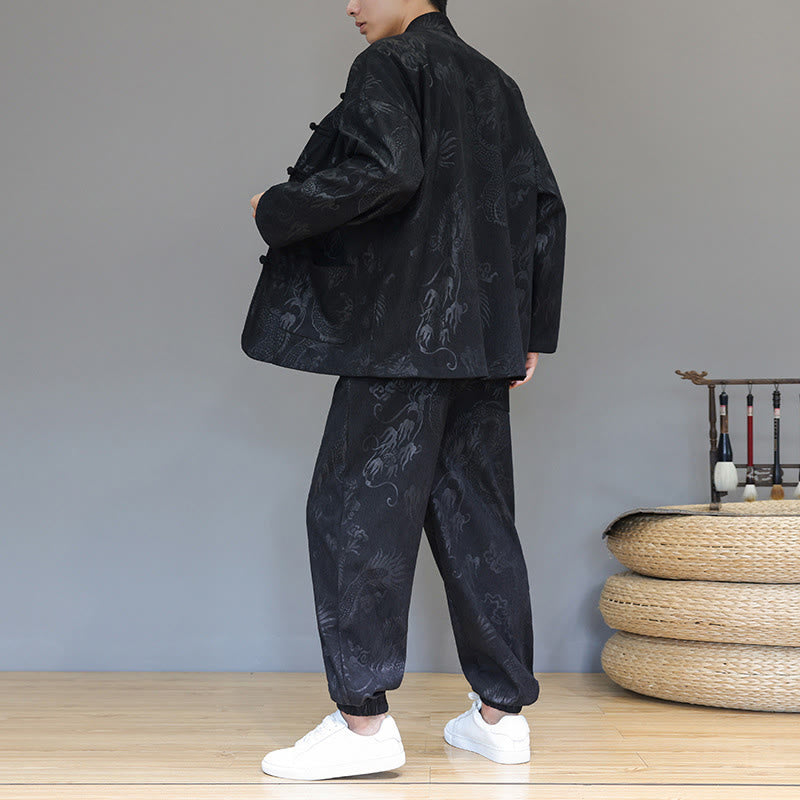 Buddha Stones 2Pcs Fall Winter Men's Tang Suit Dragon Frog-Button Cotton Corduroy Long Sleeve Jacket Pants Set With Pockets - image 15