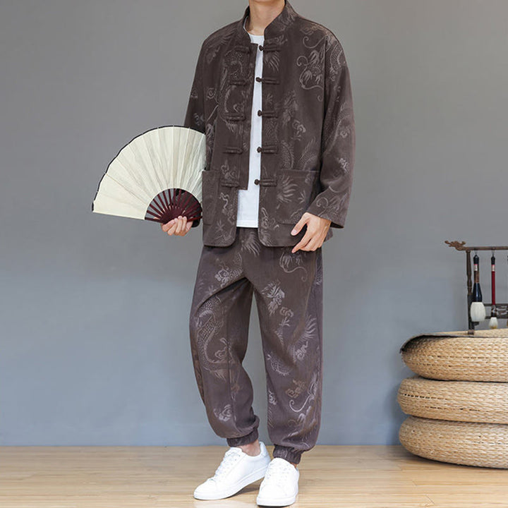 Buddha Stones 2Pcs Fall Winter Men's Tang Suit Dragon Frog-Button Cotton Corduroy Long Sleeve Jacket Pants Set With Pockets - SaddleBrown - US/UK/AU46，EU56 (5XL) - image 0