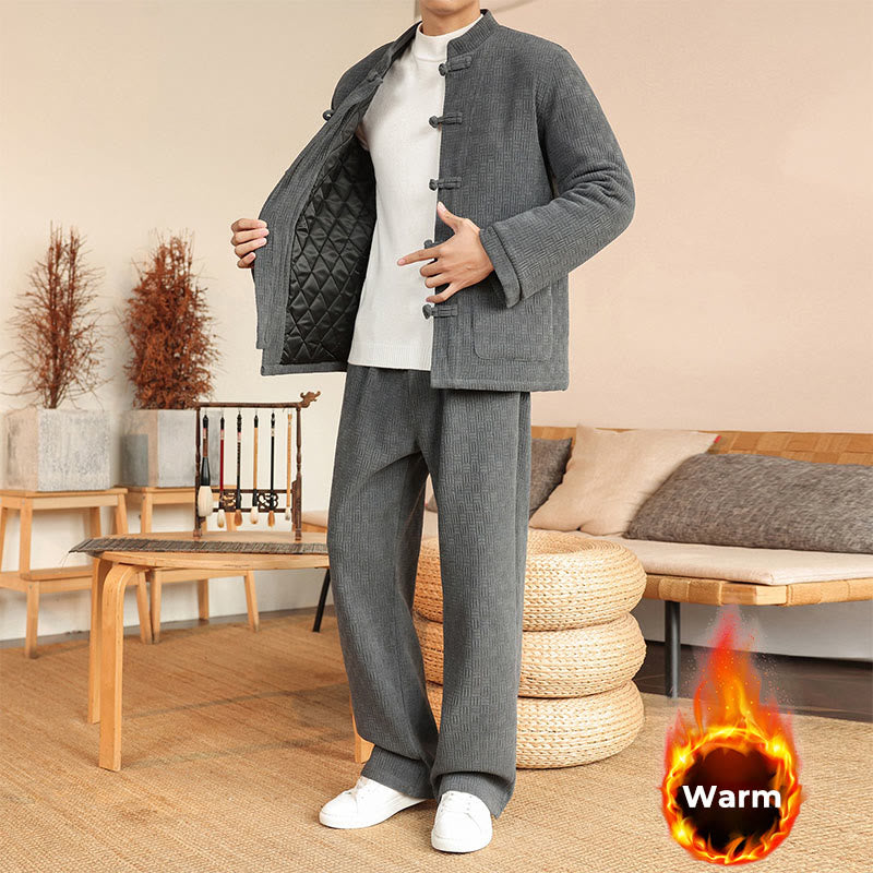 Buddha Stones 2Pcs Winter Solid Men's Tang Suit Frog-Button Cotton Long Sleeve Jacket Pants Set With Pockets - image 1