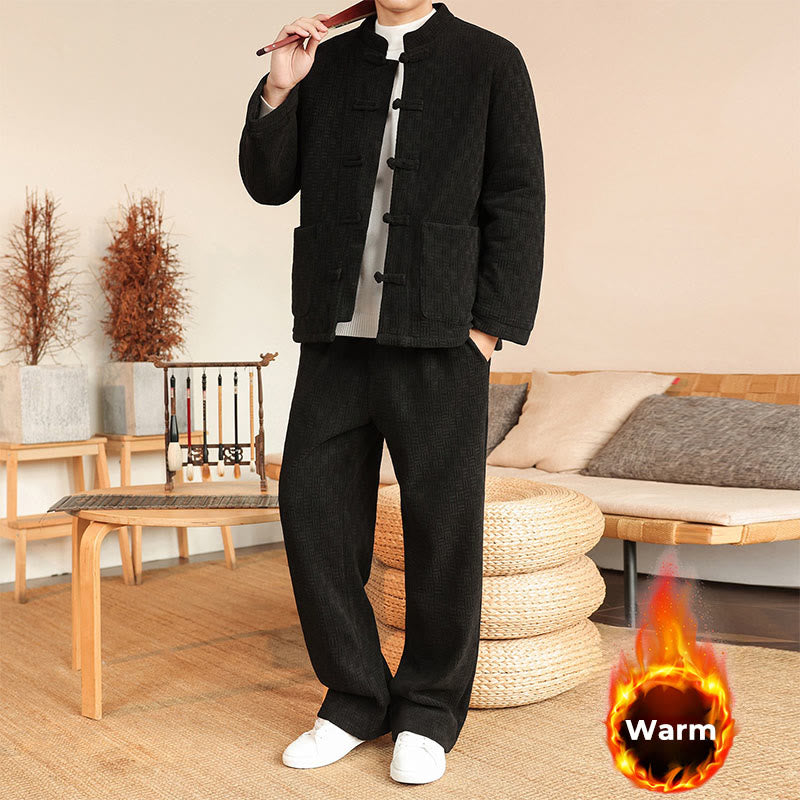 Buddha Stones 2Pcs Winter Solid Men's Tang Suit Frog-Button Cotton Long Sleeve Jacket Pants Set With Pockets - image 18