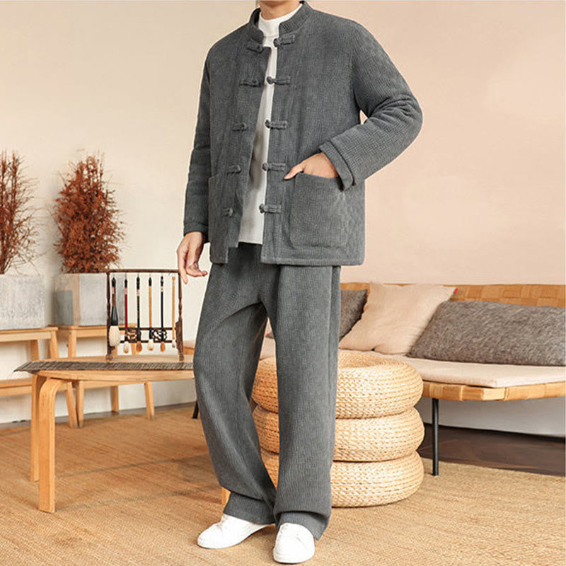 Buddha Stones 2Pcs Winter Solid Men's Tang Suit Frog-Button Cotton Long Sleeve Jacket Pants Set With Pockets - image 6