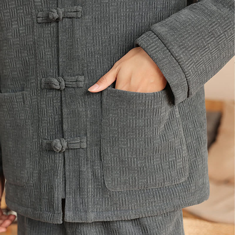 Buddha Stones 2Pcs Winter Solid Men's Tang Suit Frog-Button Cotton Long Sleeve Jacket Pants Set With Pockets - image 11