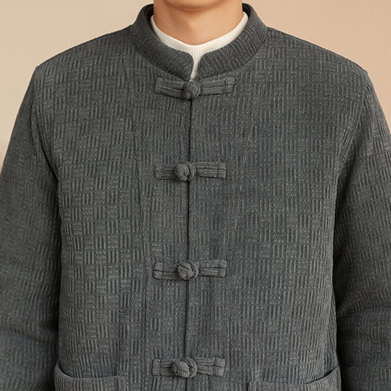 Buddha Stones 2Pcs Winter Solid Men's Tang Suit Frog-Button Cotton Long Sleeve Jacket Pants Set With Pockets - image 9