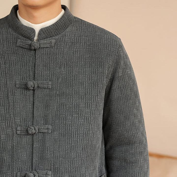 Buddha Stones 2Pcs Winter Solid Men's Tang Suit Frog-Button Cotton Long Sleeve Jacket Pants Set With Pockets - image 10