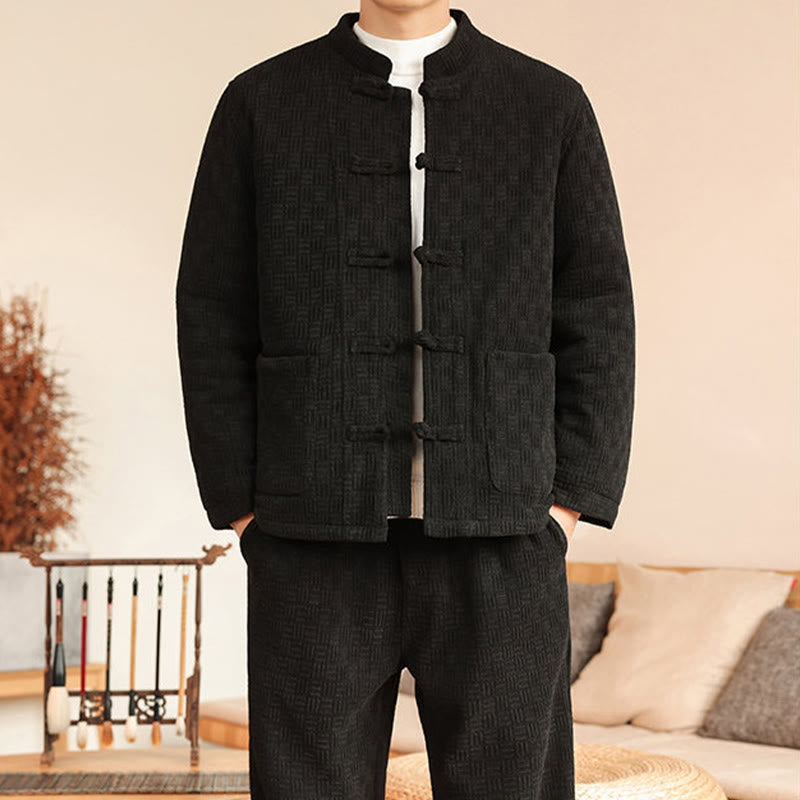 Buddha Stones 2Pcs Winter Solid Men's Tang Suit Frog-Button Cotton Long Sleeve Jacket Pants Set With Pockets - image 24