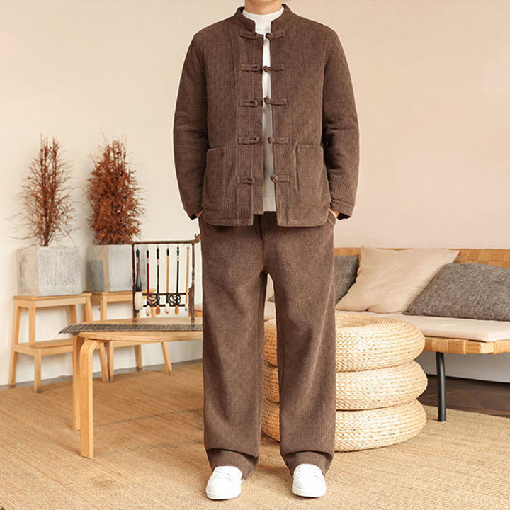 Buddha Stones 2Pcs Winter Solid Men's Tang Suit Frog-Button Cotton Long Sleeve Jacket Pants Set With Pockets - Peru - US/UK/AU46，EU56 (5XL) - image 25