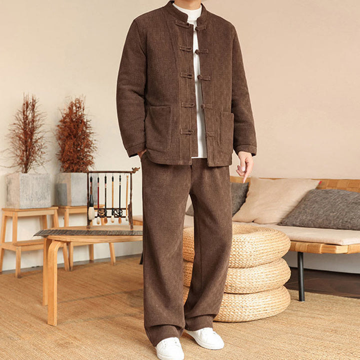 Buddha Stones 2Pcs Winter Solid Men's Tang Suit Frog-Button Cotton Long Sleeve Jacket Pants Set With Pockets - image 29