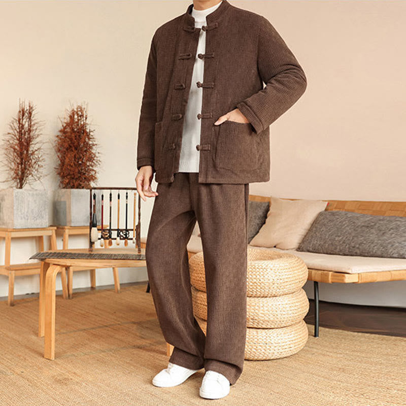 Buddha Stones 2Pcs Winter Solid Men's Tang Suit Frog-Button Cotton Long Sleeve Jacket Pants Set With Pockets - image 31
