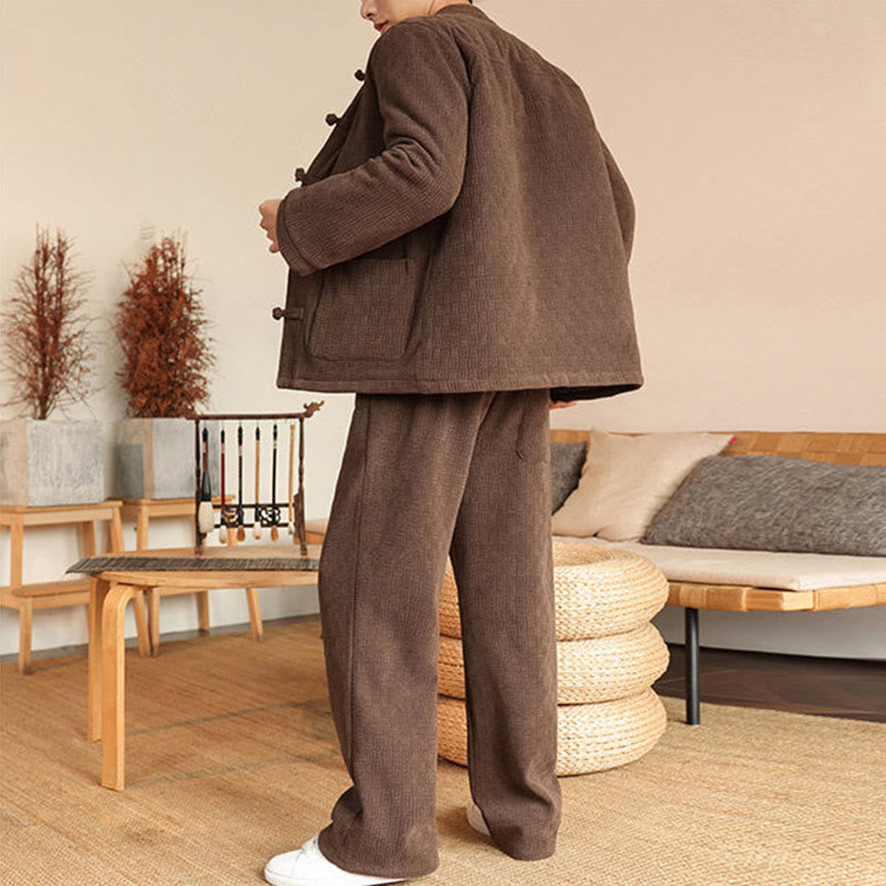 Buddha Stones 2Pcs Winter Solid Men's Tang Suit Frog-Button Cotton Long Sleeve Jacket Pants Set With Pockets - image 28