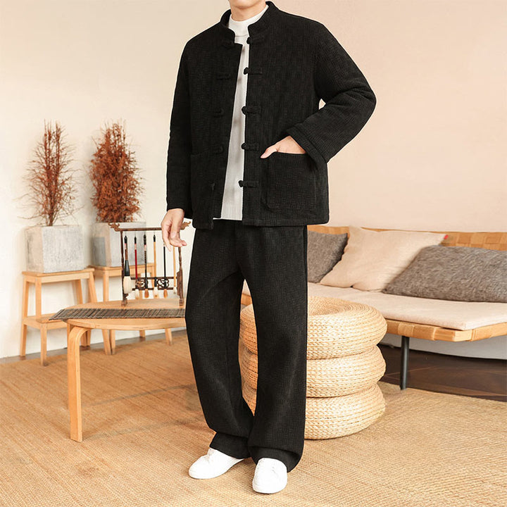 Buddha Stones 2Pcs Winter Solid Men's Tang Suit Frog-Button Cotton Long Sleeve Jacket Pants Set With Pockets - image 19
