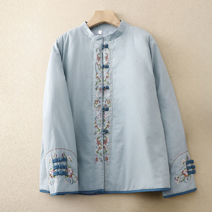 Buddha Stones Winter Flower Embroidery Frog-Button Long Sleeve Women's Thermal Jacket - LightBlue - US12，UK/AU16，EU44 (3XL) - image 1