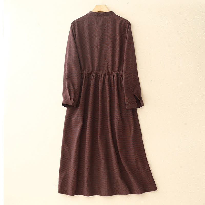 Buddha Stones Fall Brown Plaid Stand Collar Frog-Button Design Long Sleeve Midi Dress With Pockets - image 1