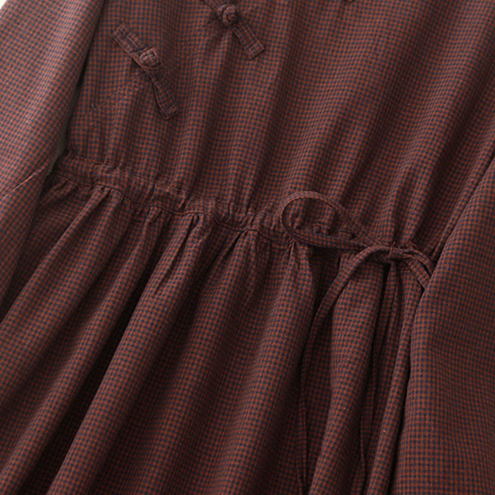 Buddha Stones Fall Brown Plaid Stand Collar Frog-Button Design Long Sleeve Midi Dress With Pockets - image 5