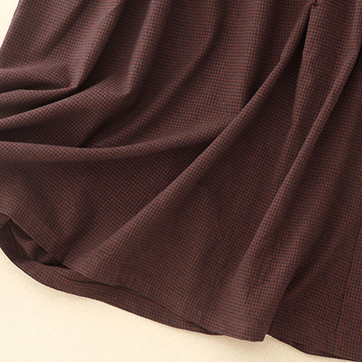 Buddha Stones Fall Brown Plaid Stand Collar Frog-Button Design Long Sleeve Midi Dress With Pockets - image 10