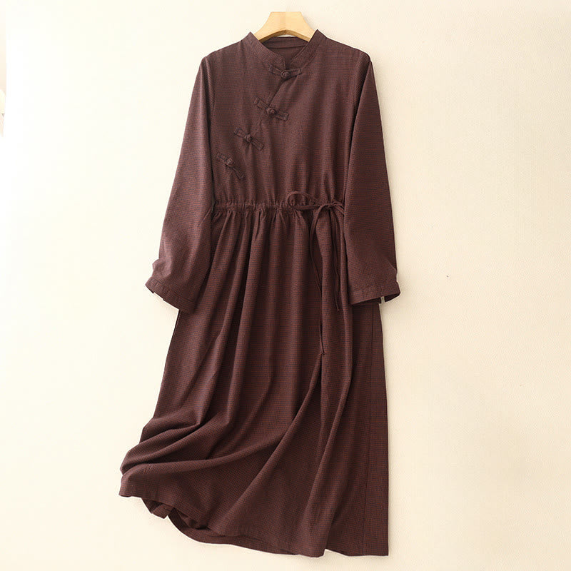 Buddha Stones Fall Brown Plaid Stand Collar Frog-Button Design Long Sleeve Midi Dress With Pockets - SaddleBrown - US8-10，UK/AU12-14，EU40-42 (2XL) - image 0