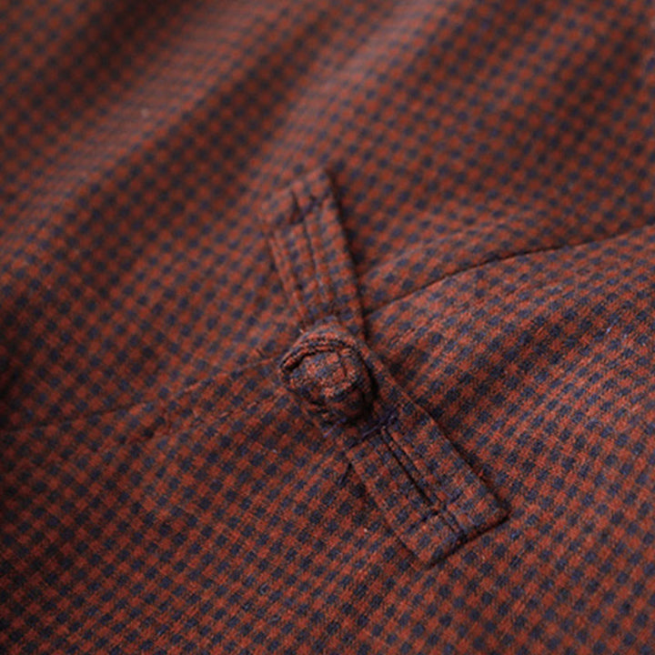 Buddha Stones Fall Brown Plaid Stand Collar Frog-Button Design Long Sleeve Midi Dress With Pockets - image 3