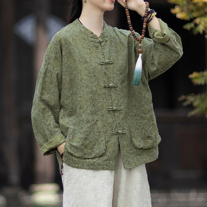 Buddha Stones Fall Jacquard Women's Frog-Button Long Sleeve Shirt Pants Cotton Linen Clothing - image 3