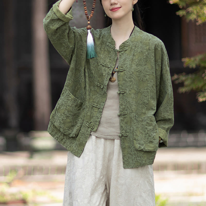 Buddha Stones Fall Jacquard Women's Frog-Button Long Sleeve Shirt Pants Cotton Linen Clothing - image 4