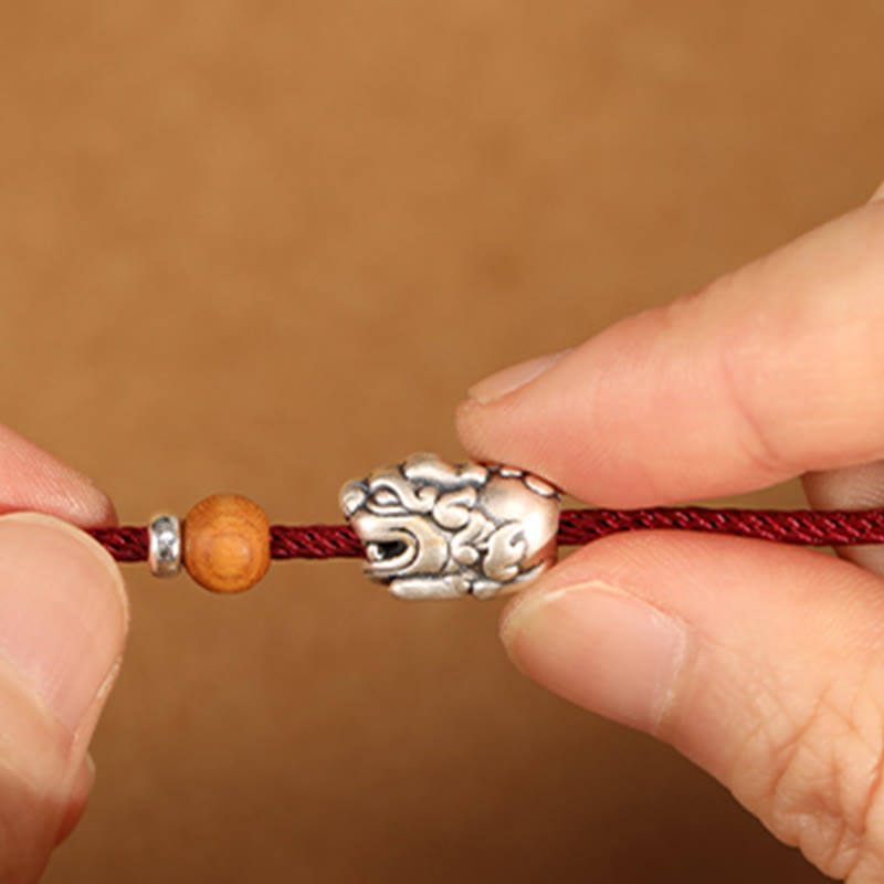 Buddha Stones 999 Sterling Silver Pixiu Charm Peach Wood Bead Handmade String Braided Luck Bracelet Anklet - image 5