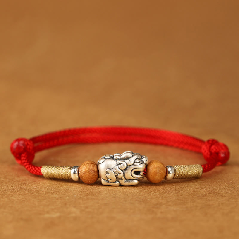 Buddha Stones 999 Sterling Silver Pixiu Charm Peach Wood Bead Handmade String Braided Luck Bracelet Anklet - Red String Anklet - image 16