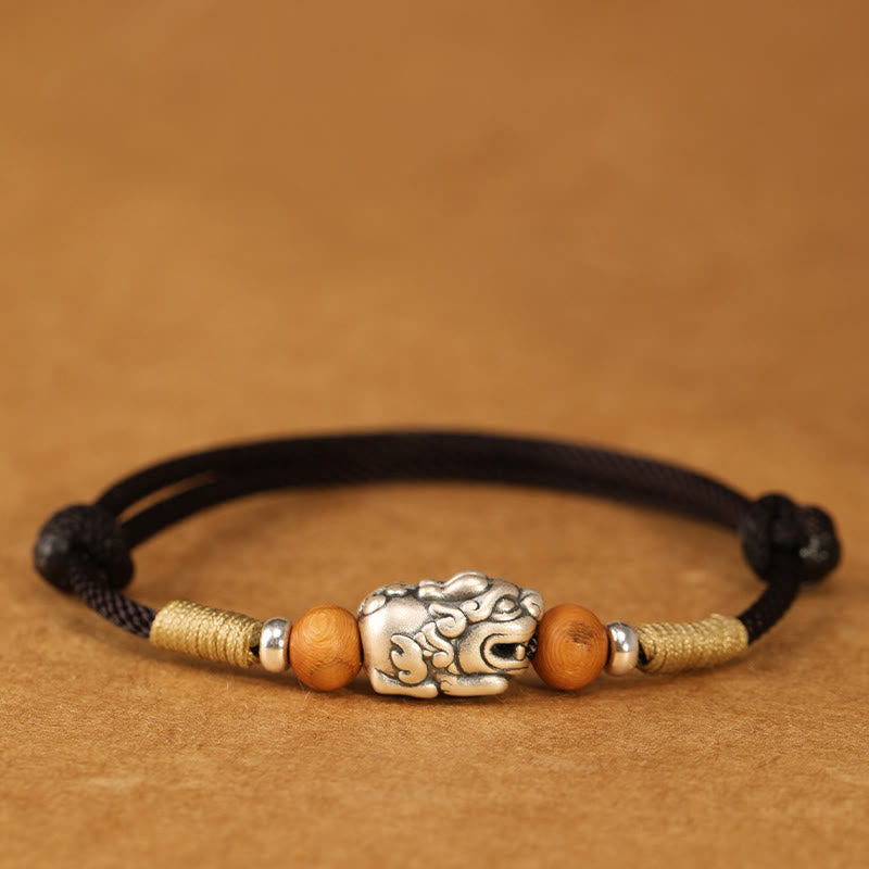 Buddha Stones 999 Sterling Silver Pixiu Charm Peach Wood Bead Handmade String Braided Luck Bracelet Anklet - Black String Anklet - image 18