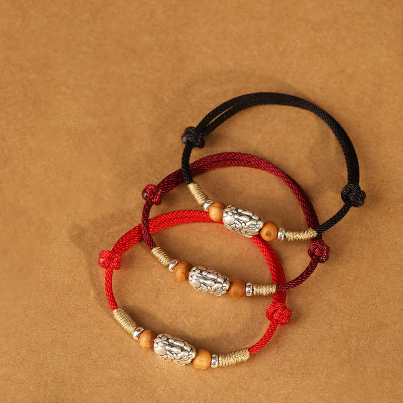 Buddha Stones 999 Sterling Silver Pixiu Charm Peach Wood Bead Handmade String Braided Luck Bracelet Anklet - image 22