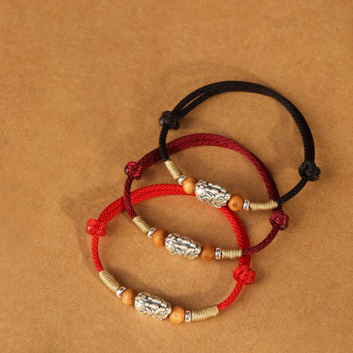 Buddha Stones 999 Sterling Silver Pixiu Charm Peach Wood Bead Handmade String Braided Luck Bracelet Anklet - image 22
