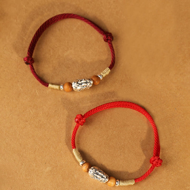 Buddha Stones 999 Sterling Silver Pixiu Charm Peach Wood Bead Handmade String Braided Luck Bracelet Anklet - image 23