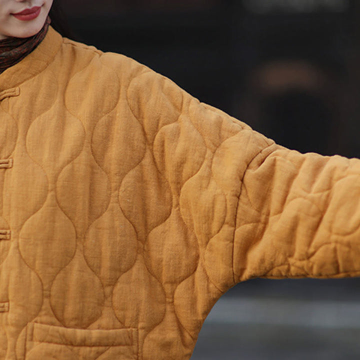 Buddha Stones Winter Curved Lines Frog-Button Ramie Cotton Long Sleeve Women's Thermal Jacket With Pockets - image 12