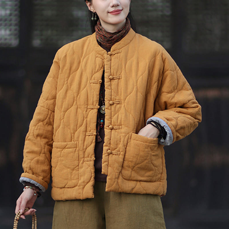 Buddha Stones Winter Curved Lines Frog-Button Ramie Cotton Long Sleeve Women's Thermal Jacket With Pockets - image 8