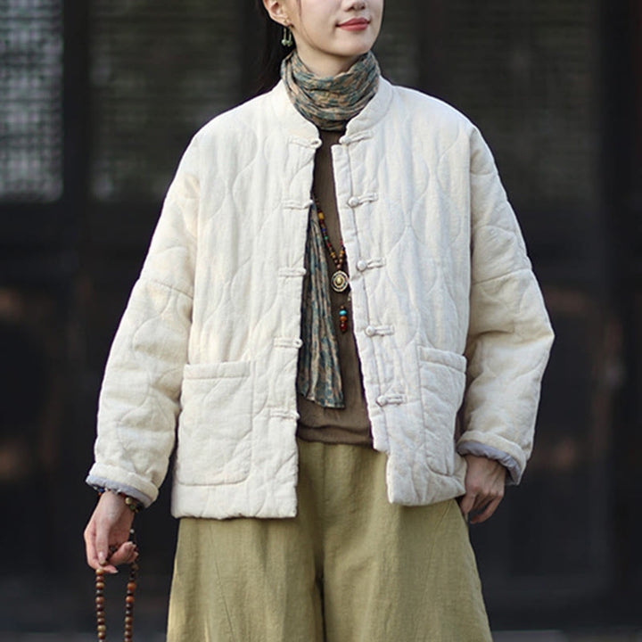 Buddha Stones Winter Curved Lines Frog-Button Ramie Cotton Long Sleeve Women's Thermal Jacket With Pockets - image 26