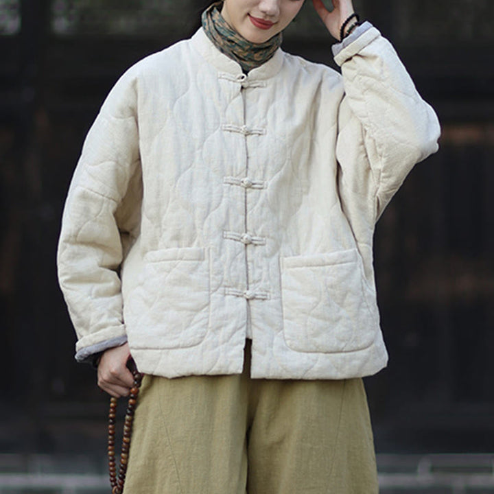 Buddha Stones Winter Curved Lines Frog-Button Ramie Cotton Long Sleeve Women's Thermal Jacket With Pockets - image 19