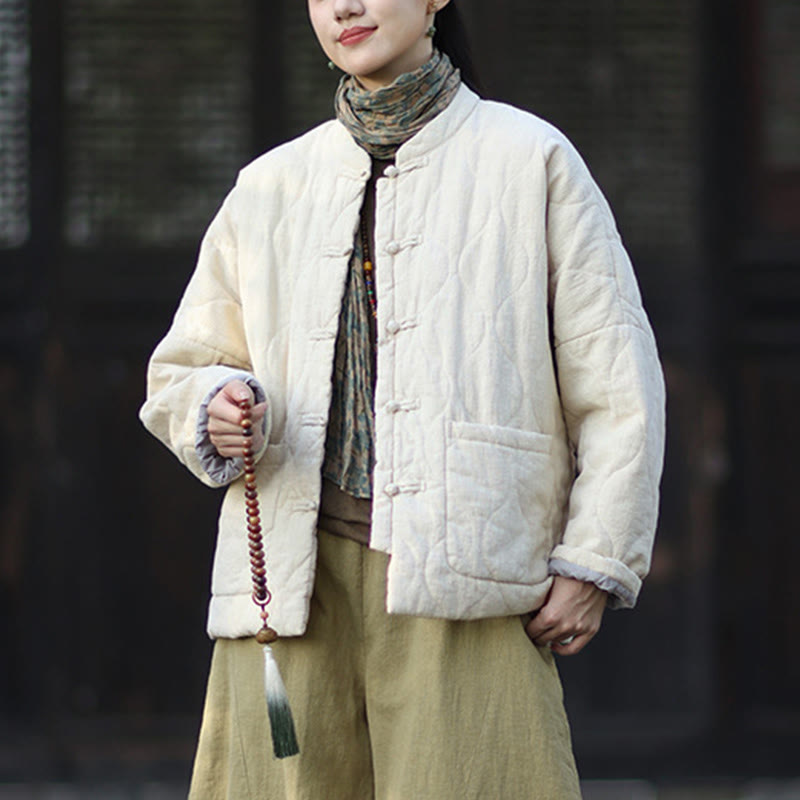 Buddha Stones Winter Curved Lines Frog-Button Ramie Cotton Long Sleeve Women's Thermal Jacket With Pockets - image 25