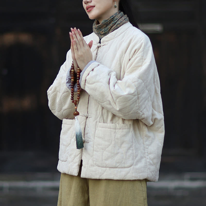 Buddha Stones Winter Curved Lines Frog-Button Ramie Cotton Long Sleeve Women's Thermal Jacket With Pockets - image 20