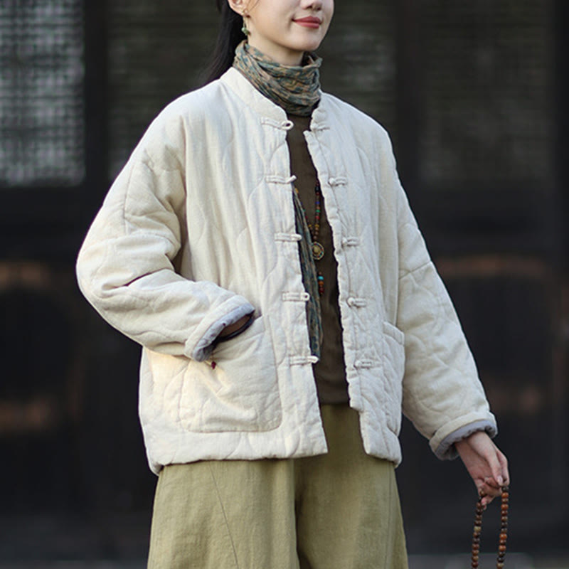 Buddha Stones Winter Curved Lines Frog-Button Ramie Cotton Long Sleeve Women's Thermal Jacket With Pockets - image 24