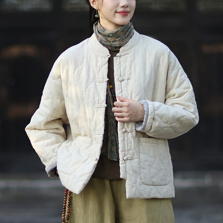 Buddha Stones Winter Curved Lines Frog-Button Ramie Cotton Long Sleeve Women's Thermal Jacket With Pockets - image 15