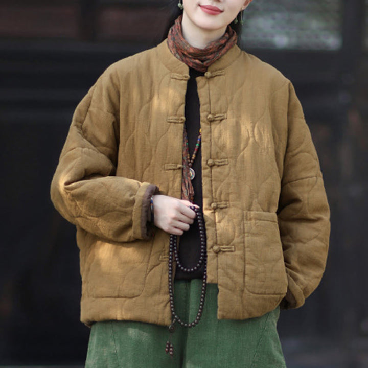 Buddha Stones Winter Curved Lines Frog-Button Ramie Cotton Long Sleeve Women's Thermal Jacket With Pockets - image 34