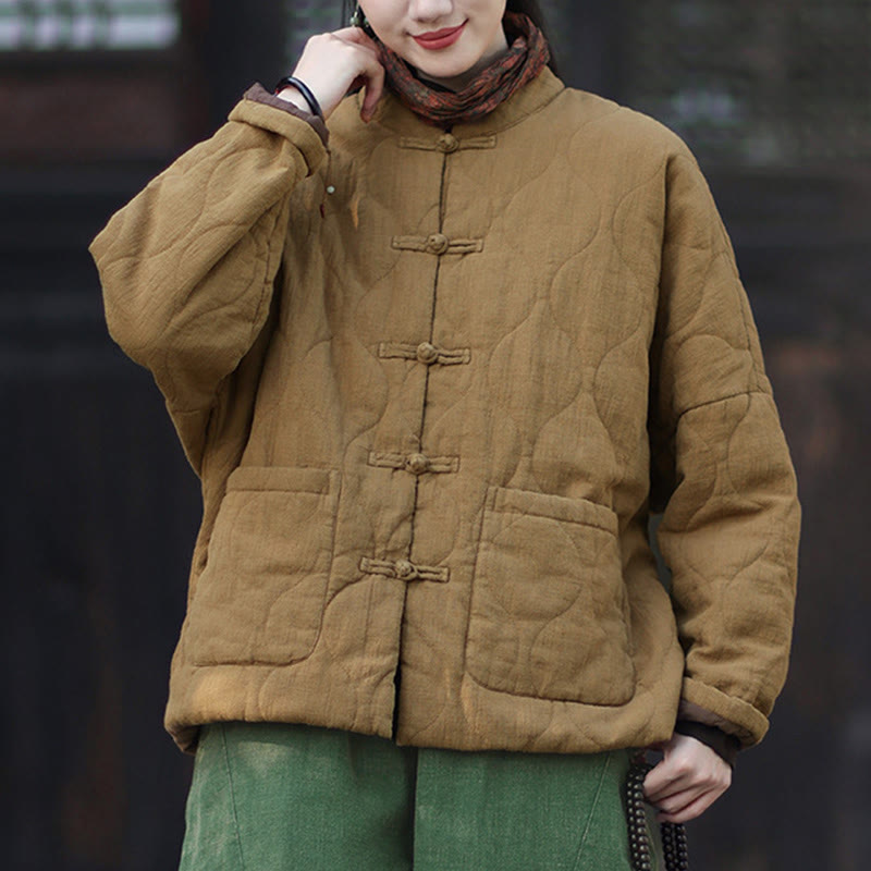 Buddha Stones Winter Curved Lines Frog-Button Ramie Cotton Long Sleeve Women's Thermal Jacket With Pockets - image 31