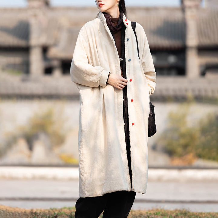 Buddha Stones Winter Solid Frog-Button Ramie Cotton Women's Long Sleeve Thermal Coat With Pockets - image 6