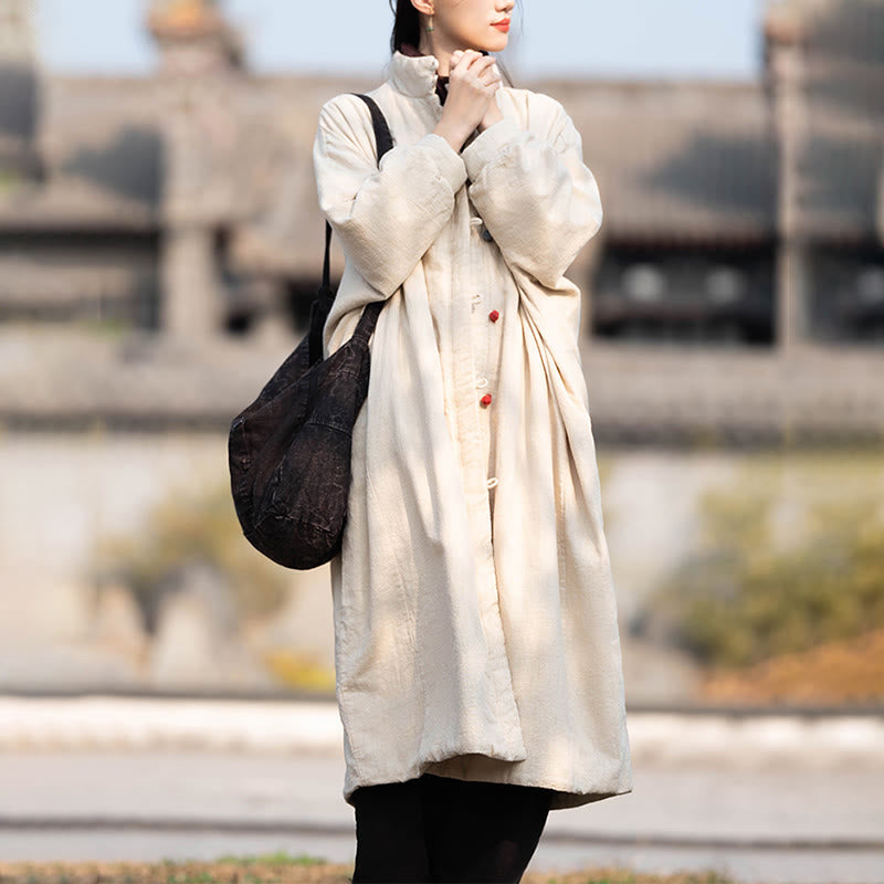 Buddha Stones Winter Solid Frog-Button Ramie Cotton Women's Long Sleeve Thermal Coat With Pockets - image 5