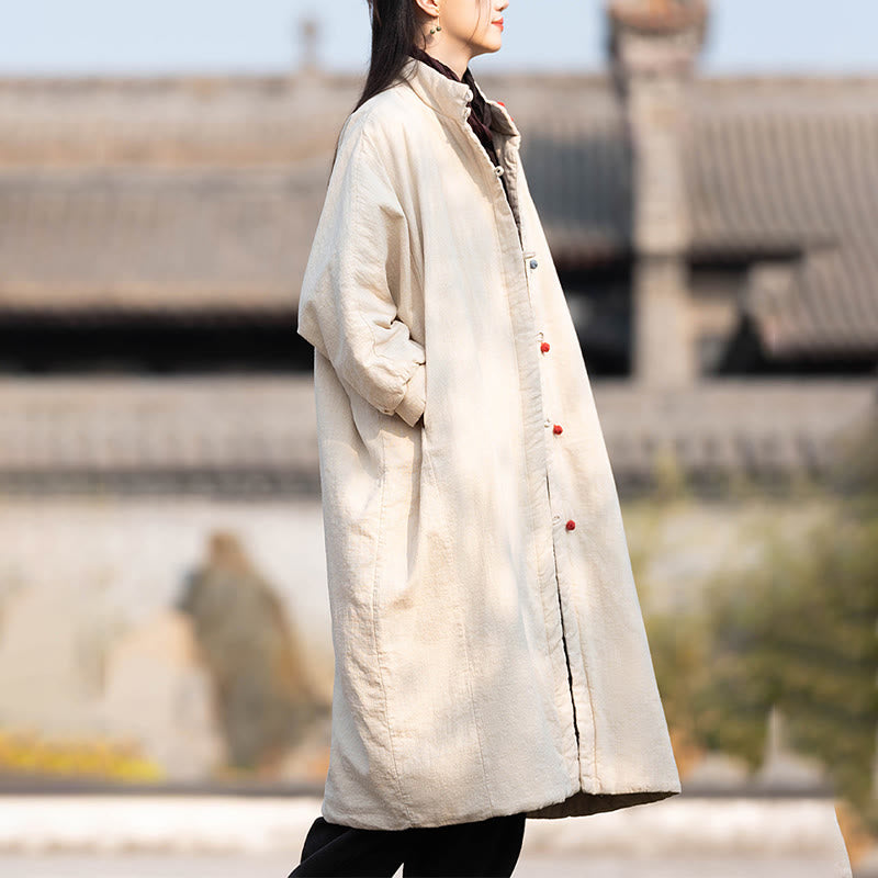 Buddha Stones Winter Solid Frog-Button Ramie Cotton Women's Long Sleeve Thermal Coat With Pockets - image 3