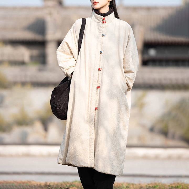 Buddha Stones Winter Solid Frog-Button Ramie Cotton Women's Long Sleeve Thermal Coat With Pockets - image 9