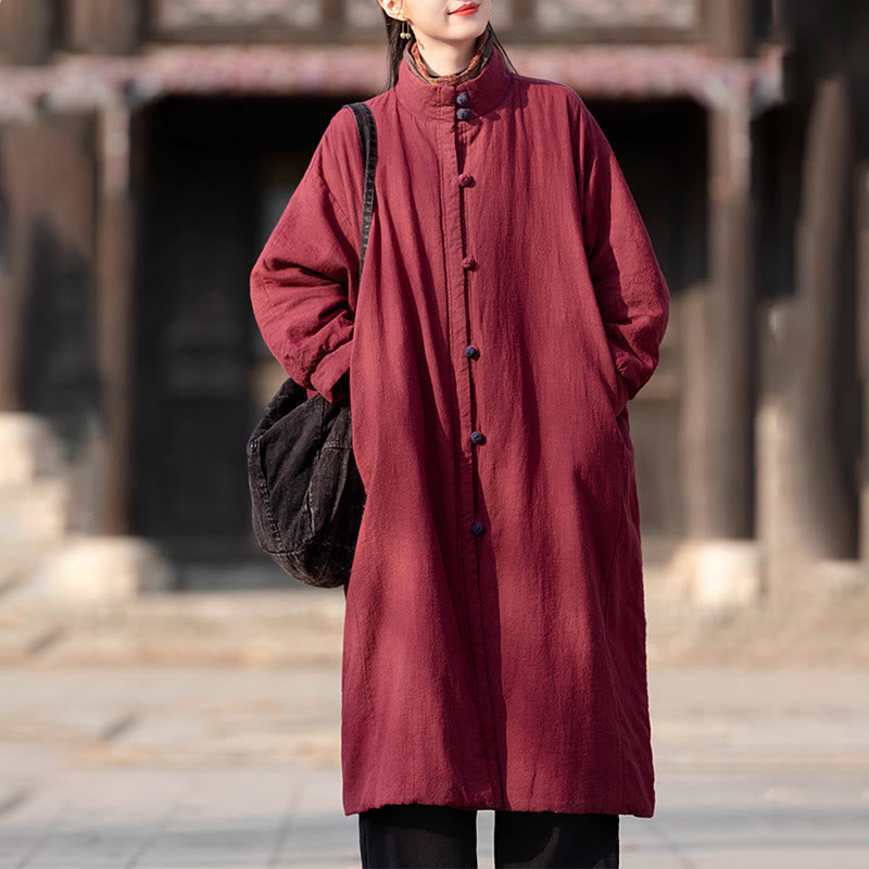 Buddha Stones Winter Solid Frog-Button Ramie Cotton Women's Long Sleeve Thermal Coat With Pockets - image 18