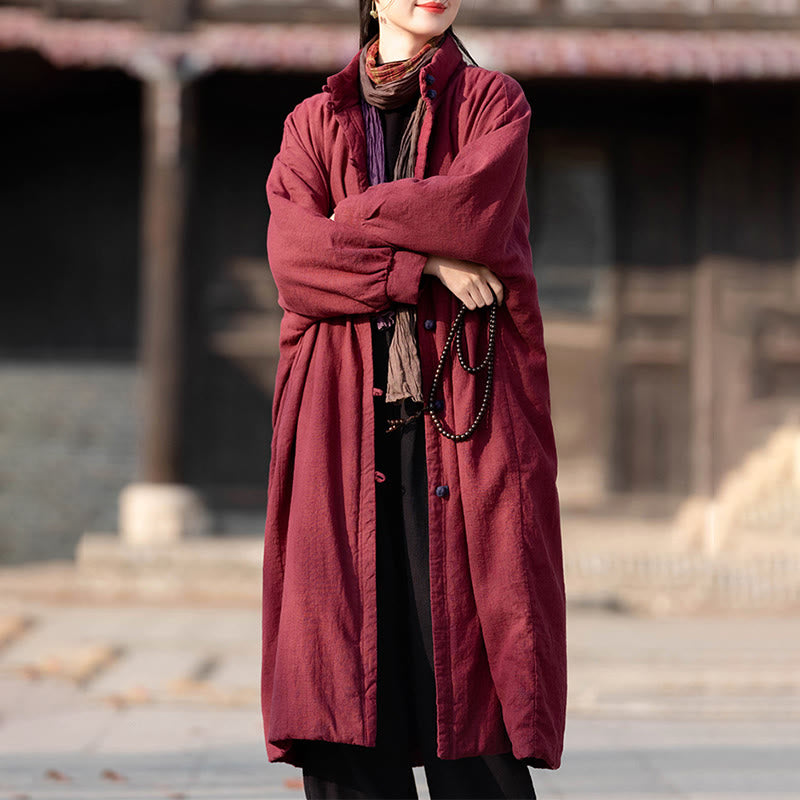 Buddha Stones Winter Solid Frog-Button Ramie Cotton Women's Long Sleeve Thermal Coat With Pockets - image 17