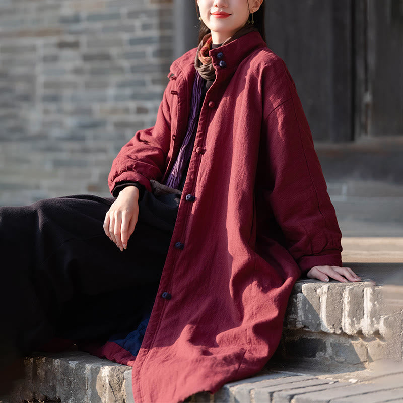 Buddha Stones Winter Solid Frog-Button Ramie Cotton Women's Long Sleeve Thermal Coat With Pockets - image 21